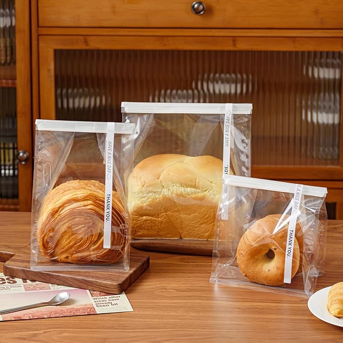 50 Pcs Bread Bags for Homemade Breads, 6.3 Inch Clear Bakery Bags with Tin Tie, Medium Loaf Plastic Bag, Storage PackingBag for Foods