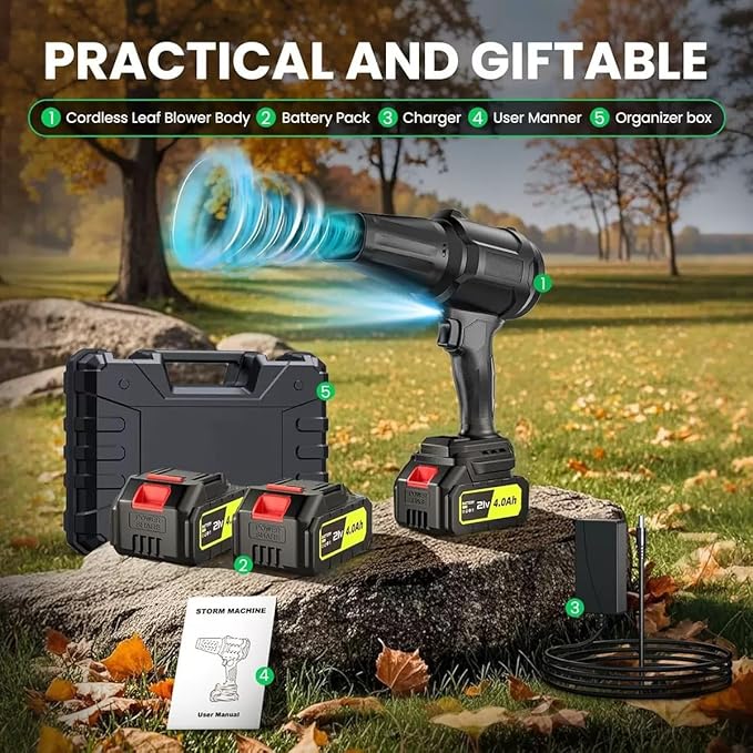Cordless Leaf Blower 600000 RPM with 2×4.0Ah Batteries and Charger, Handheld Leaf Blower with Ultra-Strong Wind for Yard Maintenance, Lawn Care, Blowing Leaves, Dust, Drying Car, Patio Cleaning