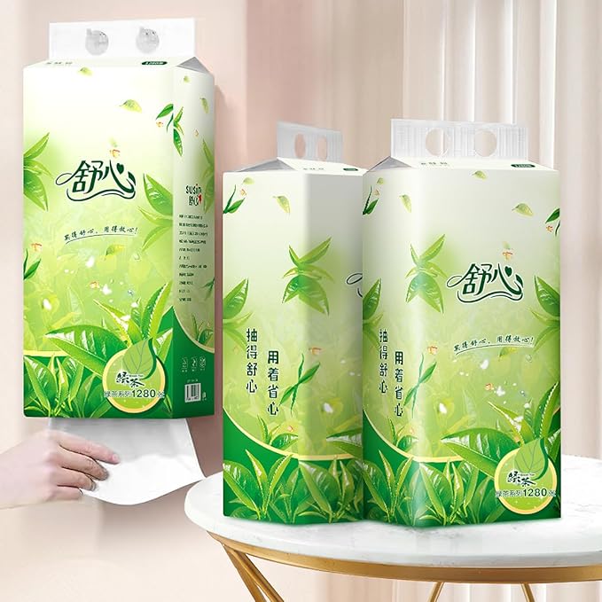 Hanging Facial Tissues with Green Tea Scent (6 Packs, 7680 Sheets Total) 4-Ply Soft Pack Paper Tissues for Home and Office - Wall Mountable & Space Saving