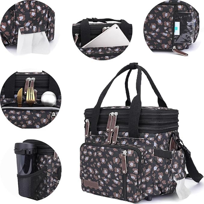 MOV COMPRA Leopard Lunch Bags for Women,Expandable Large Lunch Box,Leakproof Double Deck Lunch Box Cooler Tote Bag with Removable Shoulder Strap(Leopard Print)