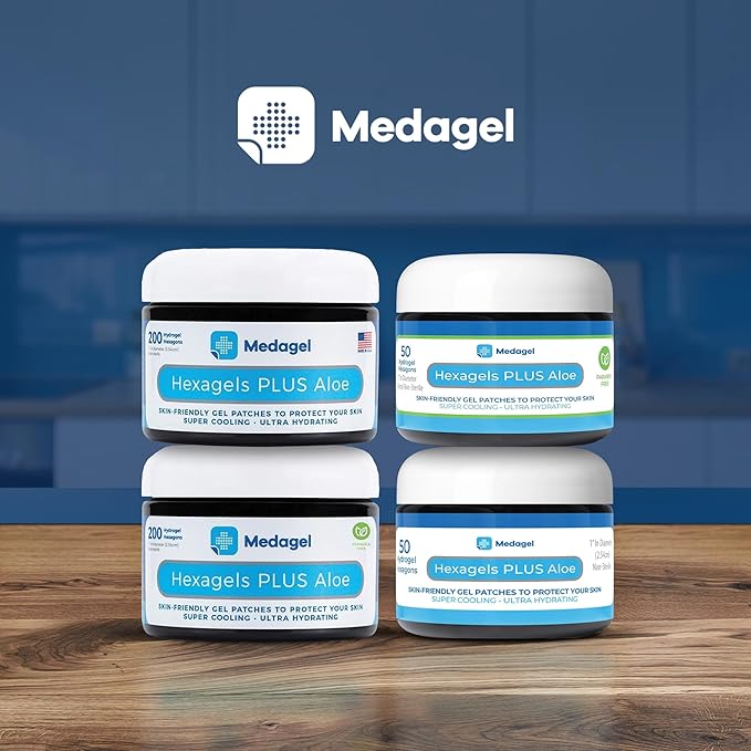 Hexagels Plus Aloe Vera - Advanced Healing Hydrogel Pads for Blister Prevention & Soothing Burn Care - Foot, Heel, Toe, & Ankle Protection, Pack of 50, 1-Inch Patches, by Medagel, Paraben Free Formula