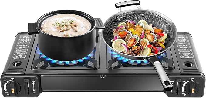 Double Butane Stove 2-Burner Portable Camping Stove with Grill Tray Outdoor Cooking for Camping BBQ Picnics Emergency Home Use