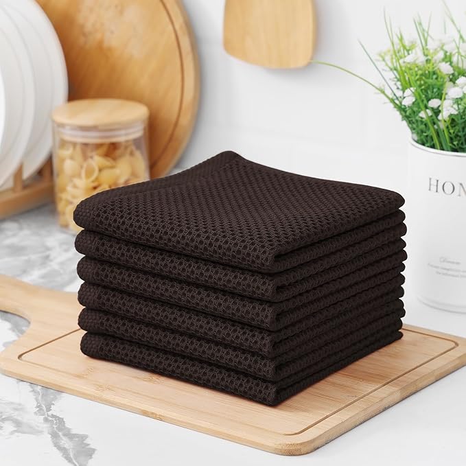 Kitinjoy 100% Cotton Kitchen Dish Cloths, 12 Pack Waffle Weave Ultra Soft Absorbent Dish Towels for Drying Dishes Quick Drying Kitchen Towels Dish Rags, 12 X 12 Inches, Dark Brown