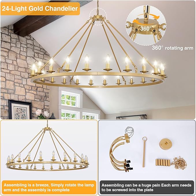 Wagon Wheel Chandeliers, 24-Light Gold Modern Rustic Large Farmhouse Chandelier Adjustable Height Light for High Ceiling Living Room, Entryways, Foyer, Dining Room, Kitchen