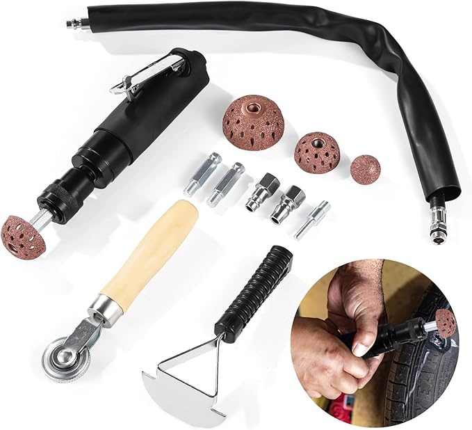 Air Tire Repair Polish Patch Tools, Pneumatic Tire Repair Grinding Tool Kit, Includes 2500rpm Low Speed Buffer Polisher, Tungsten Bits, Tire Inner Liner Scrapper, and More (Black)