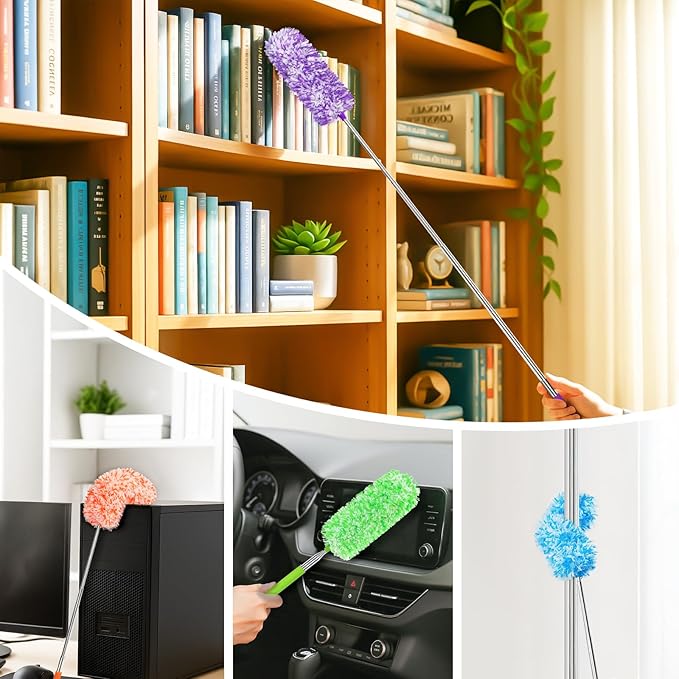 MAVRIZ 12 pcs Microfiber Feather Duster with Extendable Pole, Washable & Reusable Duster for Cleaning Dusters for Blinds, Electronics, and Furniture