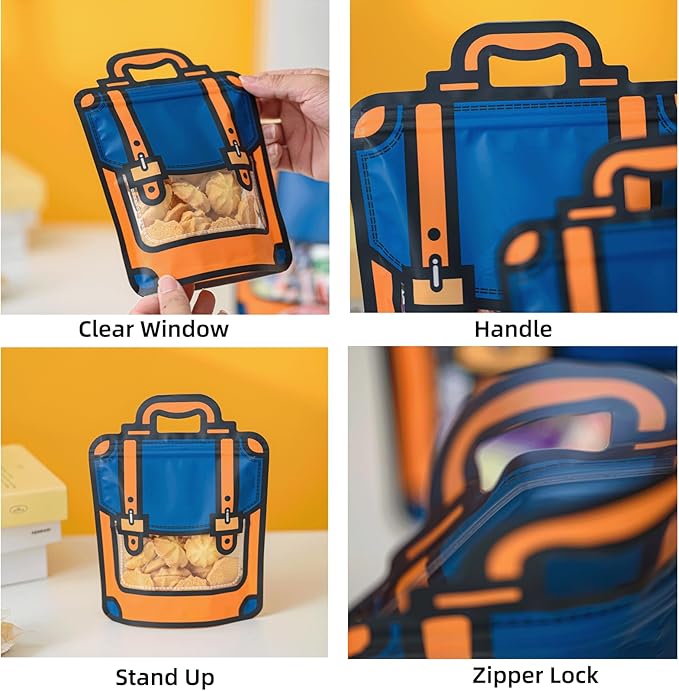 50 Pcs Resealable Stand Up Bule Backpack Bags, 7.5 x 9.8 Inch Food Storage with Handle, Clear Window, Reusable Zip Lock