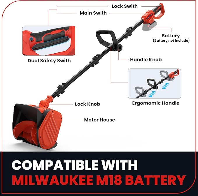 Electric Snow Shovel for Milwaukee M18 18V Battery, 11" Brushless Snow Blower with Adjustable Handle, Max 26 FT Snow Thrower, Cordless Snow Shovel M18 for Driveway, Sidewalk, Patio, Deck (No Battery)