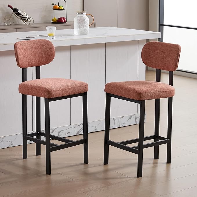 Modern Counter Stools Set of 6, 26" Upholstered Barstools with Back, Sturdy Black Metal Legs Dining Stools with Footrest for Home Pub Kitchen, Orange