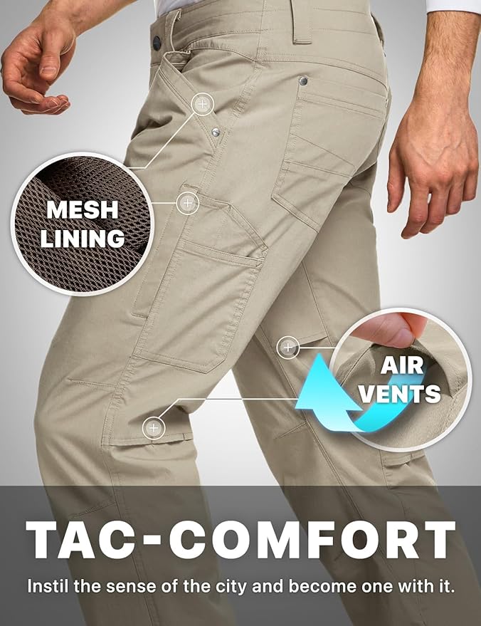 CQR Men's Vent Stretch Pants, Quick Dry Lightweight Casual Cargo Pants, Water Resistant Straight-Fit Utility Work Pants