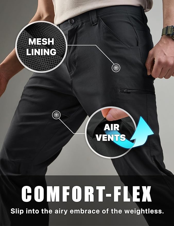 CQR Men's Vent Stretch Pants, Quick Dry Lightweight Casual Cargo Pants, Water Resistant Straight-Fit Utility Work Pants