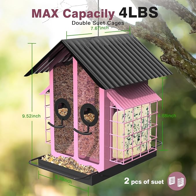 Bird Feeders for Outdoors, Metal Bird Feeder with Double Suet Cage Weatherproof Metal Roof, 2 in 1 Mixed Seeds Suet Feeder, 4Lbs Large Capacity, Great for Finch、Cardinal、Chickadee(Pink)