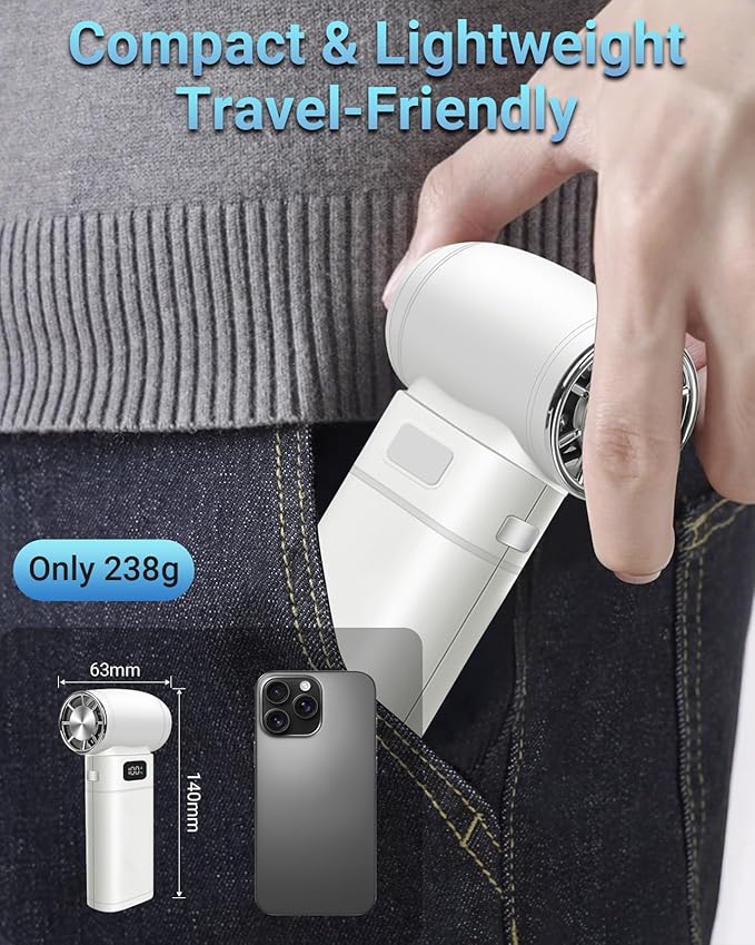 Handheld Mini Turbo Fan 120000RPM 6-Speed Turbo Power 9000mAh Portable High Speed Cooling Personal Fan with Digital Display LED Light for Travel Beach Camping (White)