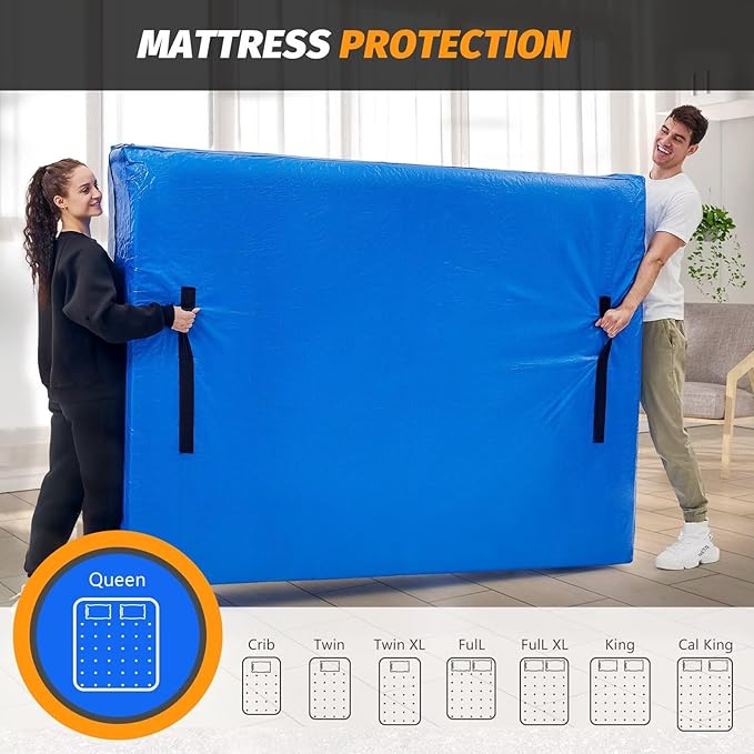 Mattress Bags for Moving, BETU Mattress Protector Waterproof Mattress Cover Full Size Storage Bags with 8 Heavy-Duty Handles and Zipper for Bed Extra Thick Large Reusable (2 Pack, 77"x57"x15" Blue)