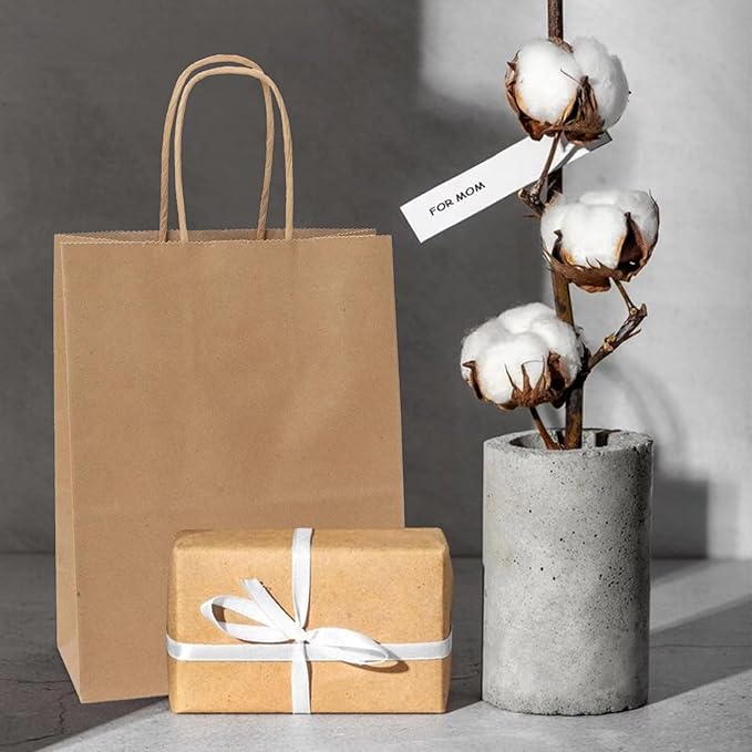 200 Pack 8x4.75x10 Inch Medium Brown Paper Bags with Handles Bulk, Joybe Kraft Paper Gift Bags for Birthday Party Favors Grocery Retail Shopping Business Goody Craft Blank Sacks (Plain Natural 200pcs)