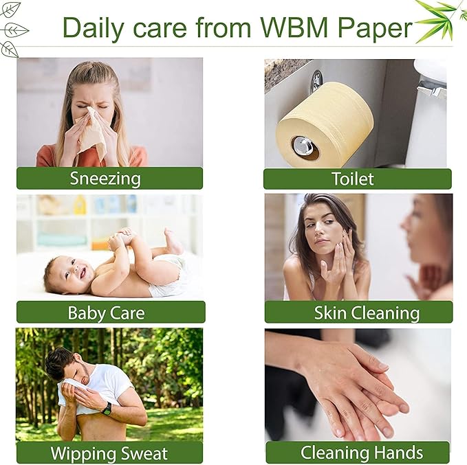 WBM Care Bamboo Toilet Tissue, Strong & Flexible 3-Ply, All Natural Tree Free and Septic Safe Paper Towels, 250 Sheets Each Roll, Total 7500 Sheets, 30 Rolls