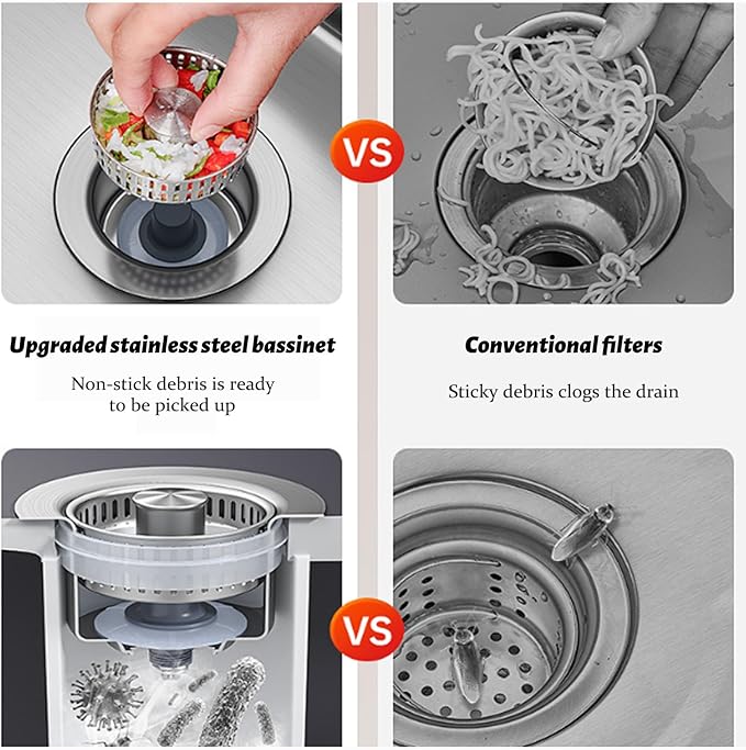 Kitchen Sink Drain Strainer,Upgraded 304 Stainless Steel 3 in 1 Pop-up Sink Drain Strainer Kitchen Drain Strainer Cover and Sink Stoppers Combo,Standard 3-1/2 in Hole