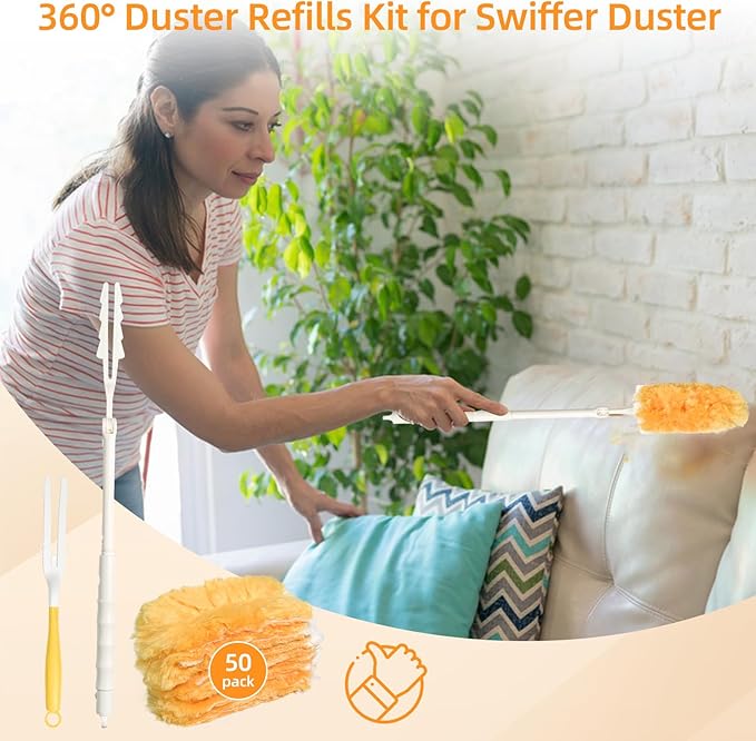 Duster Refills for Swiffer Duster,Heavy Duty Microfiber Dusters Kit with Replacement 360 Feather Dusters(50) + 3FT Extended Handle +1 Short Handle for Cleaning Blinds,Ceiling,Furniture