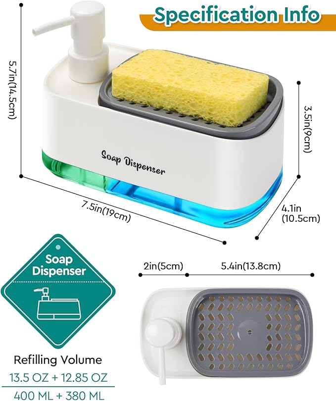 Kitchen Dish Soap Dispenser Set,Dish and Hand Soap Dispenser with Sponge Holder, 3-in-1 Countertop Sponge Dual Soap Pump Dispenser for Kitchen Sink - White