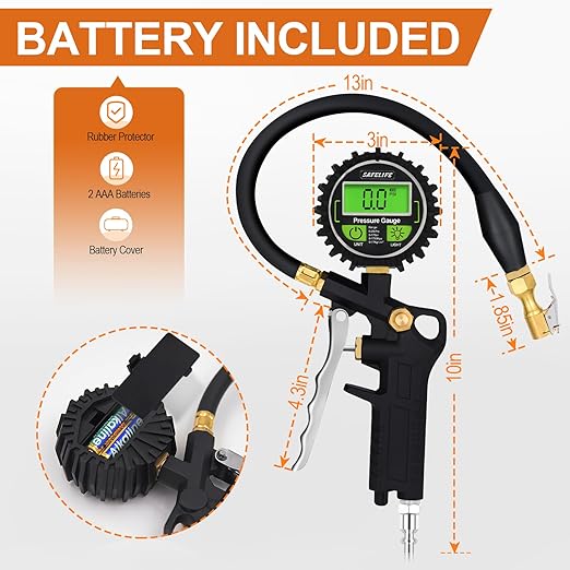 SAFELIFE Digital Tire Pressure Gauge with Inflator, 250 PSI Air Chuck with Pressure Gauge and Air Compressor Tire Inflator Attachment Include Quick Connect Coupler, 0.1 Display Resolution