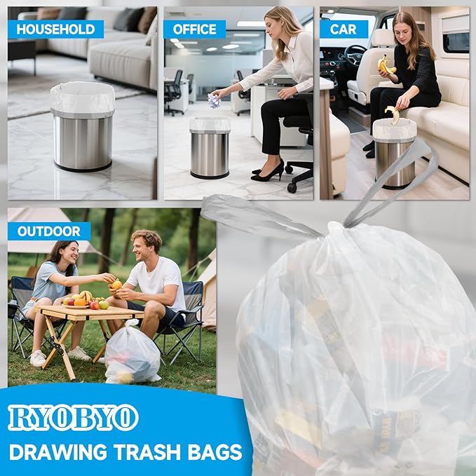 8 Gallon Trash Bags Drawstring- 90 Counts Medium Trash Bag Extra Strong, Medium Garbage Bags 8 Gallon Unscented, Stretchy, Quick Cinch for Office Kitchen, White