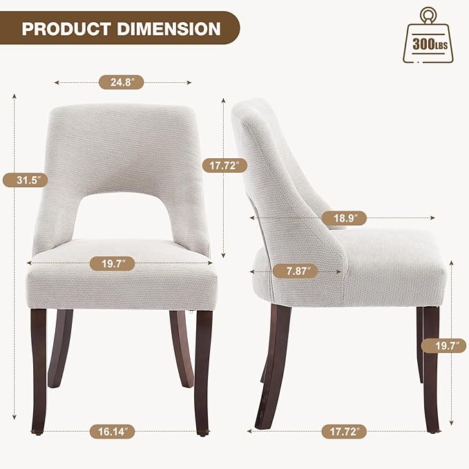 UVV Wooden Dining Chairs Set of 2, Mid Century Modern Upholstered Dining Room Chair Kitchen Chairs, Chenille Dinner Chair with Solid Wood Legs for Kitchen Dining Room, Light Grey-Chenille
