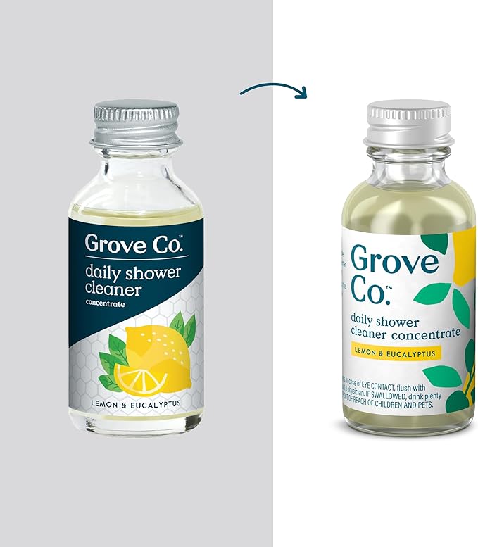 Grove Co. Daily Shower Cleaner Refill Concentrate (6 x 1 Fl Oz), Creates 16 Oz Cleaner, Removes Soap Scum, Scrub-Free, Plant-Based Household Cleaning Supplies, Lemon & Eucalyptus Fragrance
