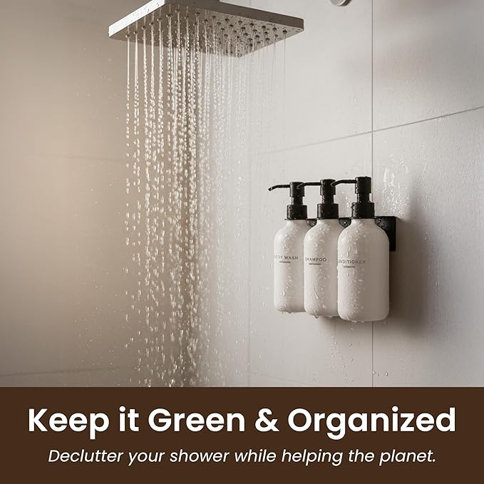 MaisoNovo Shampoo and Conditioner Dispenser - Shower Soap Dispenser Wall Mounted - 16.9 fl oz Set of 3 White Plastic Bottles Black Pump - 3 Chamber No Drill