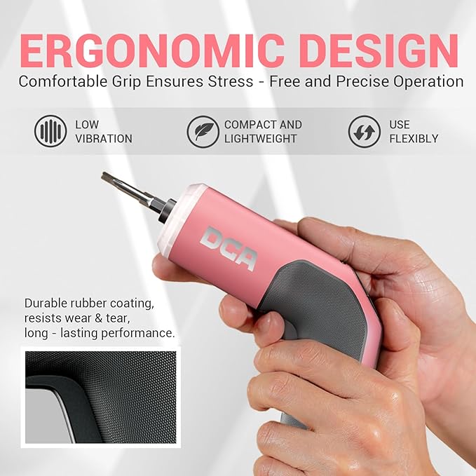 DCA 4V Electric Screwdriver Set, 5 N.m with 2000 mAh Li-ion Battery, 1/4" Magnetic Hex Chuck, USB-C Charging Cable, 18 Driver Bits for Furniture Repairs, Pink
