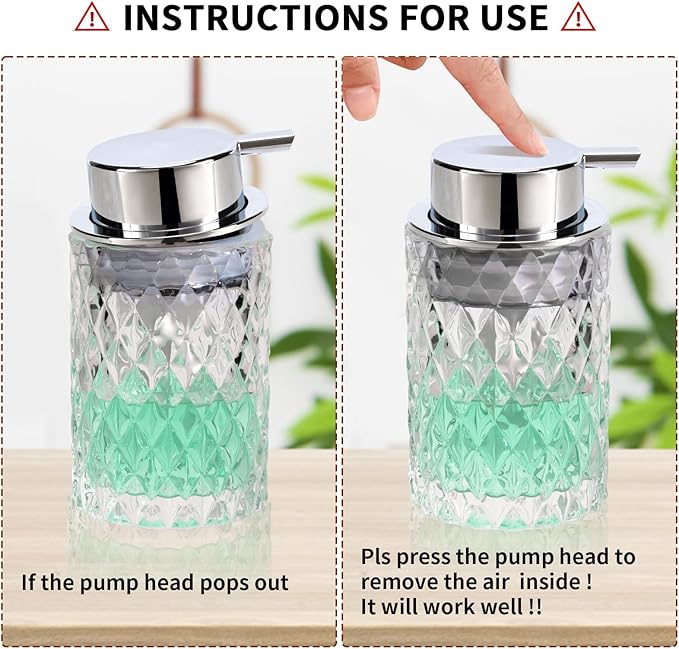 Bathroom Glass Soap Dispenser with Durable Rust-Proof Plastic Liquid Pump (Can't Foam) Hand Lotion Dispenser Antislip Shampoo Kitchen 10oz