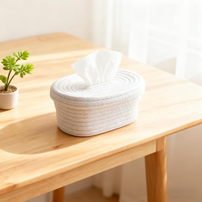 2 Pack Modern White Woven Tissue Box Cover - Decorative Tissue Holder for Bathroom Countertop, Living Room Table, Office Desk, Bedroom Dresser and Night Stand