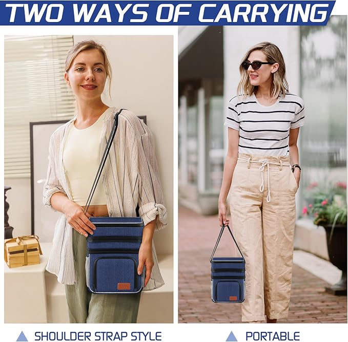 Insulated Lunch Bag for Women Men, Reusable 3 Layers Lunch Box Women, Expandable Reusable Water-resistant Lunch Box for Work Travel Office Picnic Hiking (Navy Blue)