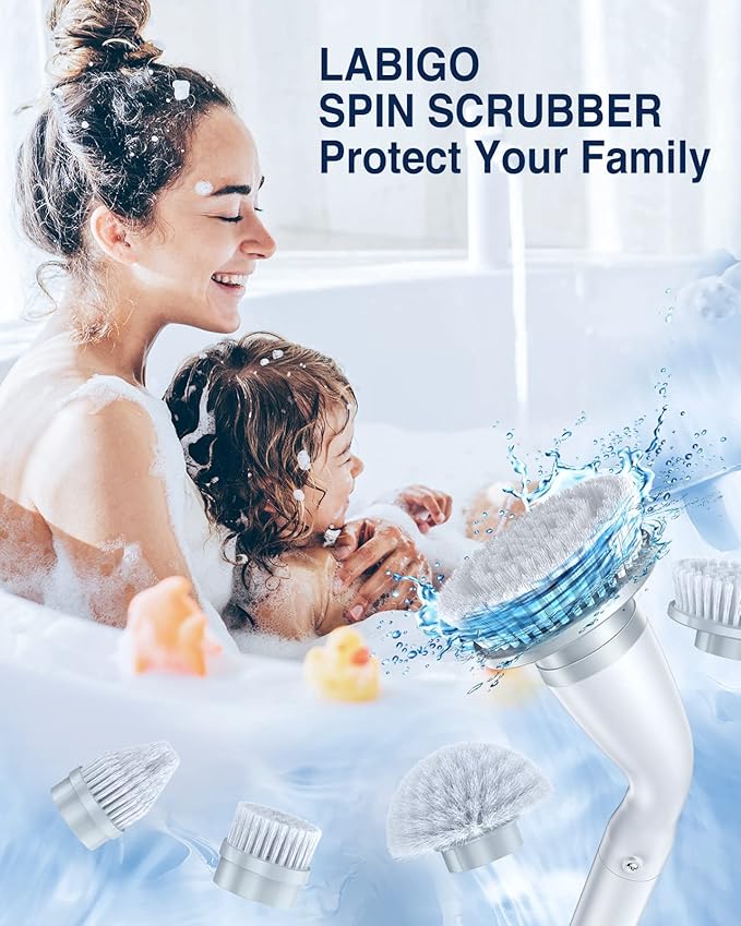 LABIGO Electric Spin Scrubber, Cordless Cleaning Brush Scrubber with 7 Replaceable Brush Heads and Adjustable Extension Handle, IPX7 Waterproof Power Cleaning Brush for Bathroom Tub Floor Tile Shower