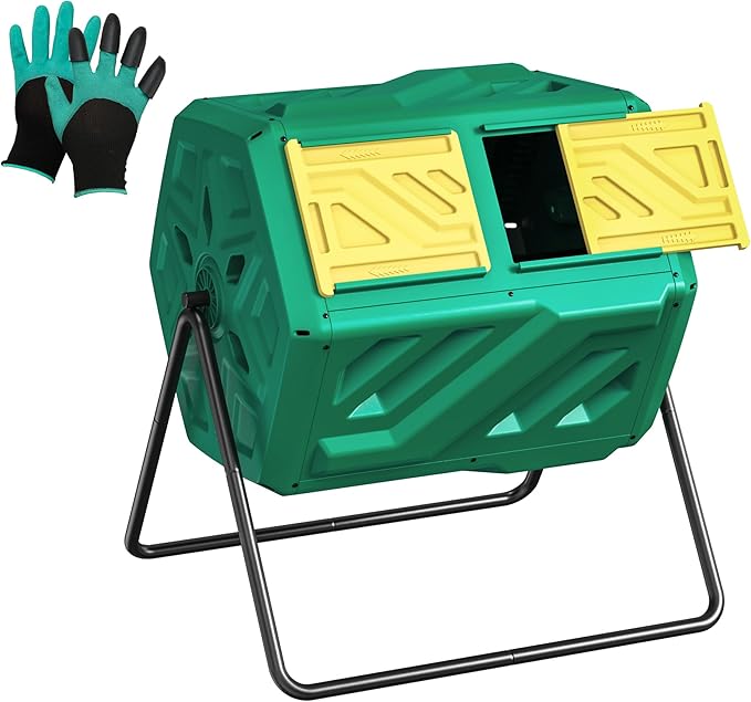 Compost Bin, Outdoor Composter, Fast Assembly 43 Gallon Dual Chamber Outdoor Compost Tumbler, Heavy Duty Tumbling Rotating Composter for Patio, Garden, Yard, Green, Easy Setup, Gloves Included