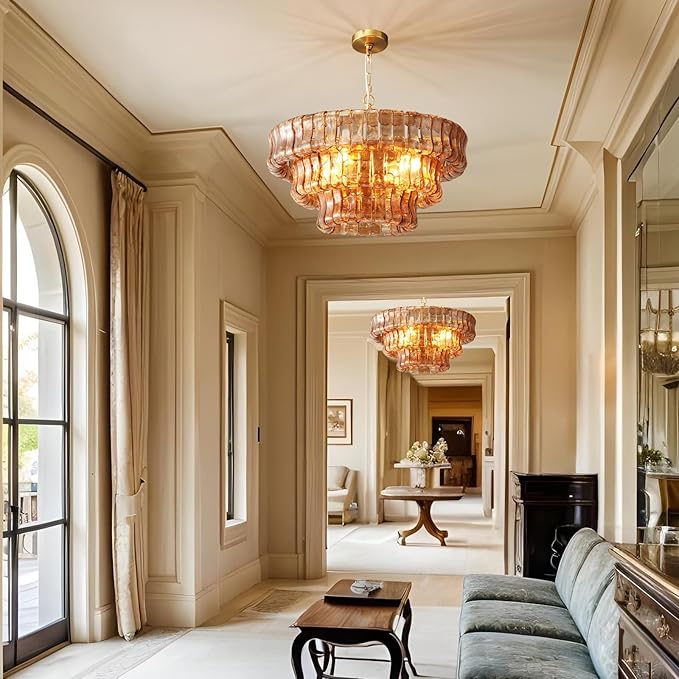 Modern Amber Glass Chandelier,23" Gold Round Chandelier for Dining Room, 4-Light Round Drum Kitchen Island Hanging Light Fixture Perfect for Living Room, Bedroom,Kitchen, Foyer