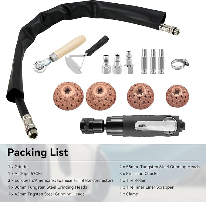 Air Tire Repair Polish Patch Tools Kit, with 2500 RPM Low Speed Air Tire Buffer, Tire Inner Liner Scrapper, Patch Roller, Tire Buffer Wheel