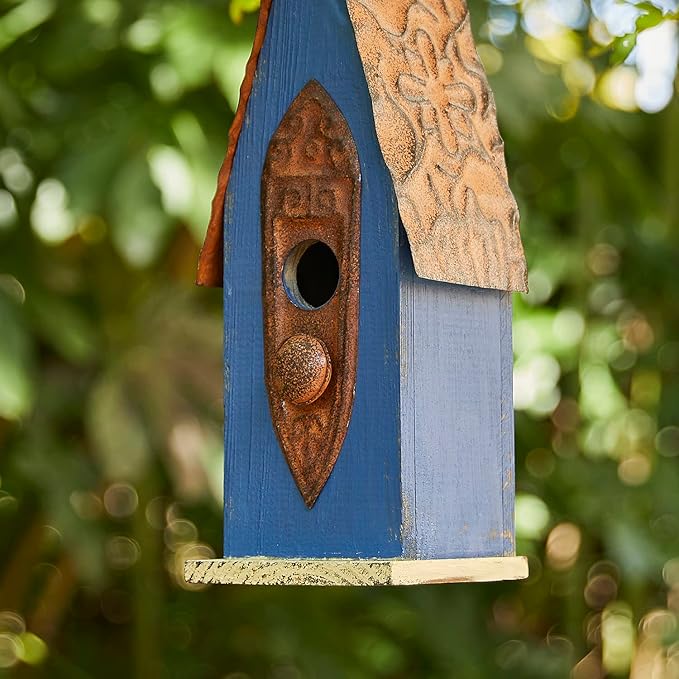 Glitzhome 13.25" H Retro Blue Distressed Solid Wood Birdhouse Hanging Garden Bird House for Outdoors