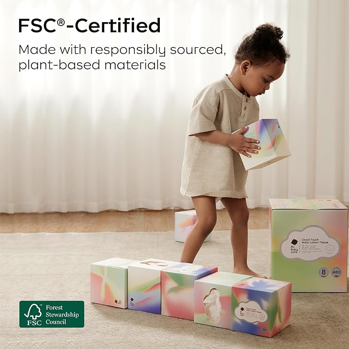 Bc Babycare Lotion Facial Tissues, 8 Cube Boxes, Hypoallergenic, Plant-based Materials, Clean Gentle Baby Essentials, 60 Tissues Per Box, 5-Ply