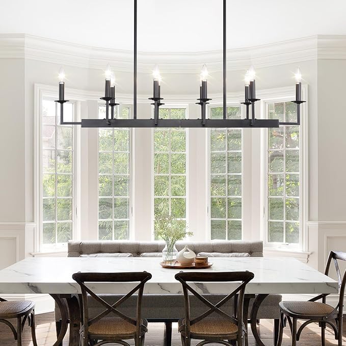 48-Inch Rustic Black Linear Chandelier,Extra Long Candle Chandelier,Black Light Fixture for Dining Room Living Room Kitchen Island, Modern Rectangular Chandelier(10-Light,Bulbs Not Included)