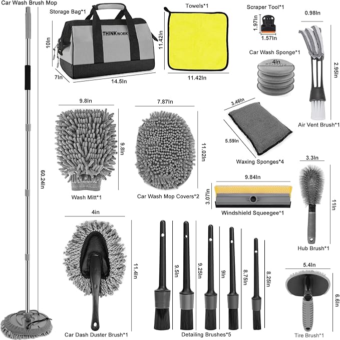 THINKWORK Car Wash Kit, Car Washing Brush with Long Handle, Extendable Car Wash Brush Mop with 2-in-1 Windshield Squeegee and 9Pcs Detailing Brush, Gray Car Detailing Kit Gift for Men