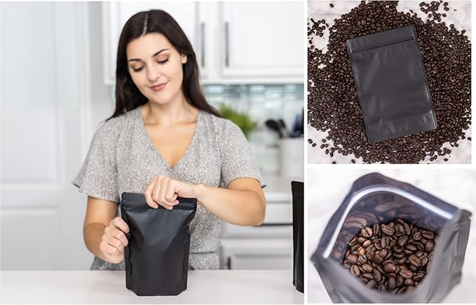 100 Pack Matte Black Stand Up Bags – 5 Mil 6.3x8.6 Inches Resealable Smell Proof Food Storage Zipper Pouch Bag, Large Heat Sealable Plastic Foil Packaging Pouches, Sample Pouch