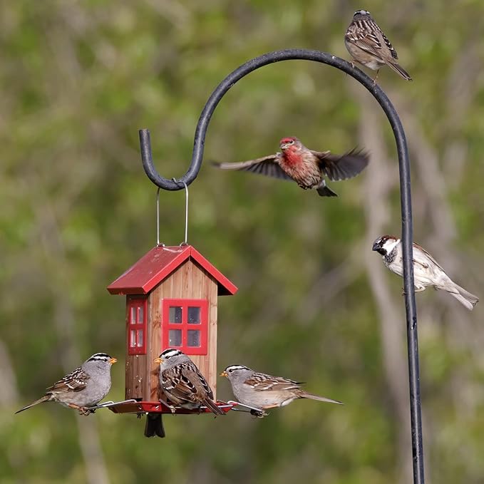 Kingsyard Cute Bird House Feeders for Outside, Hanging Metal Bird Feeder with 4 Ports, Outdoor Garden Yard Decorations for Cardinals Finches Chickadees Goldfinches & Sparrows Birds Watching