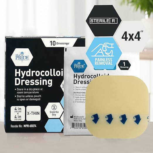 MED PRIDE Hydrocolloid Dressings and Bandages, Highly Absorbent, Water-Resistant, Comfortable, Multi-Day Use (4'' x 4'' 10 X-Thin)