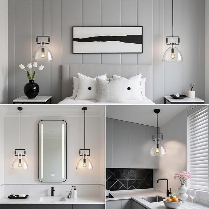 Mondern Large Black Kitchen Island Pendant Light, 10 '' W 1-Light Glass and Brass Island Pendant Lights,Farmhouses Pendant Light, for Kitchen,Dining Room,Bathroom