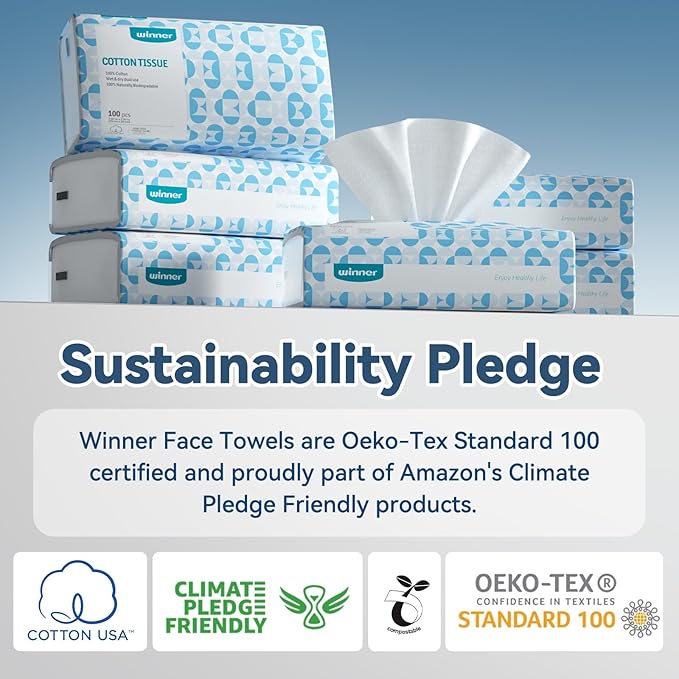 Winner Soft Face Towels, 100% USDA Biobased Facial Towels, 2 Packs per Case, 6 Bags per Pack, 100 Ct Face Towelettes per Bag (1200 Total)