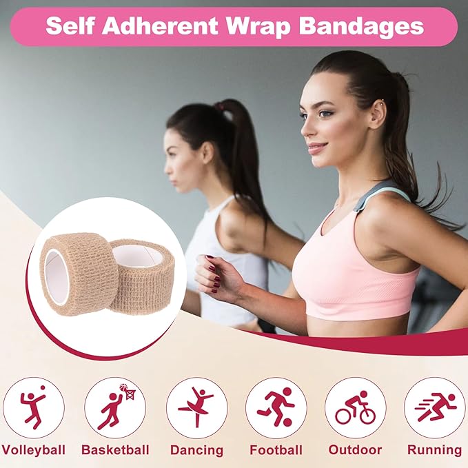 4 Rolls Self Adhesive Bandage Wraps, Elastic Cohesive Bandage Wrap, 0.98''x 2.18 Yards Breathable Protector Tape for Fingers Toes Ankles Wrists Knees- Skin Color