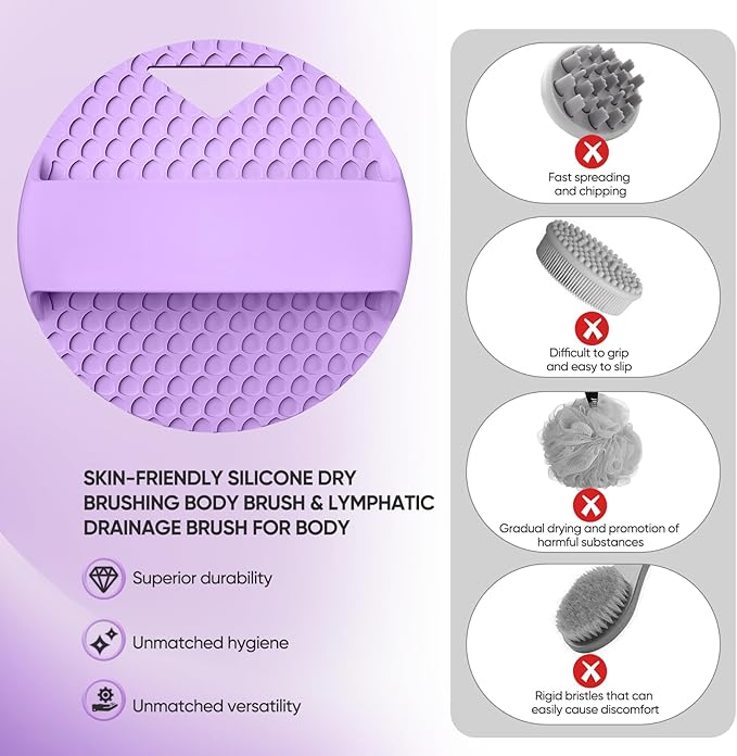Heavy Duty Silicone Body Scrubber – Anti Zinc Infused-Lymphatic Brush Exfoliating Body Scrubber for Shower Body,with Stiff and Soft Bristles for Anti-Puffiness,Blood Circulation - Purple