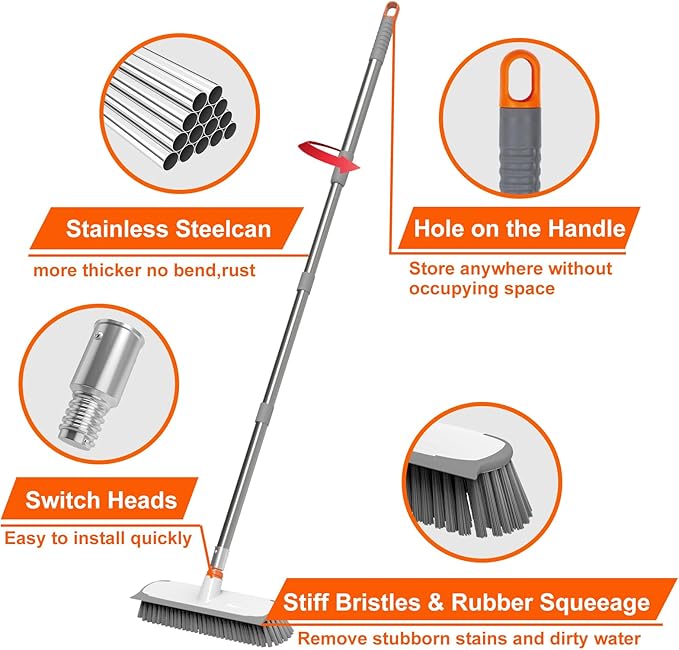 BITOPE 55" Deck Brush Long Handle Scrub Brush with Stiff Bristle 2 in 1 Heavy Duty Floor Scrubber Brush for Cleaning Floor Garage Bathroom Kitchen Wall Patio Concrete Balcony