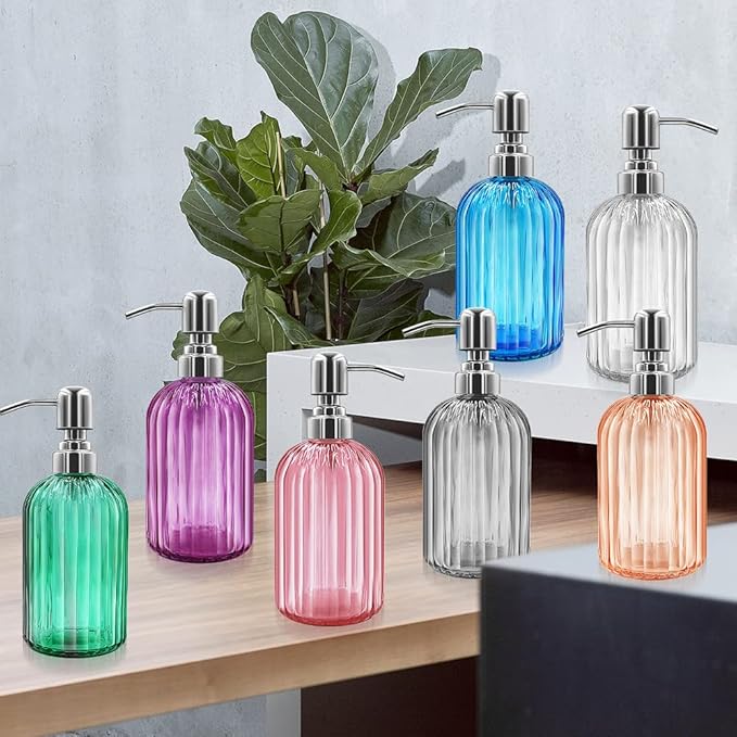 14 Oz Glass Soap Dispenser with 304 Rust Proof Stainless Steel Pump, Refillable Hand Liquid Soap Dispenser for Bathroom, Kitchen, Countertop, Laundry Room (Green)