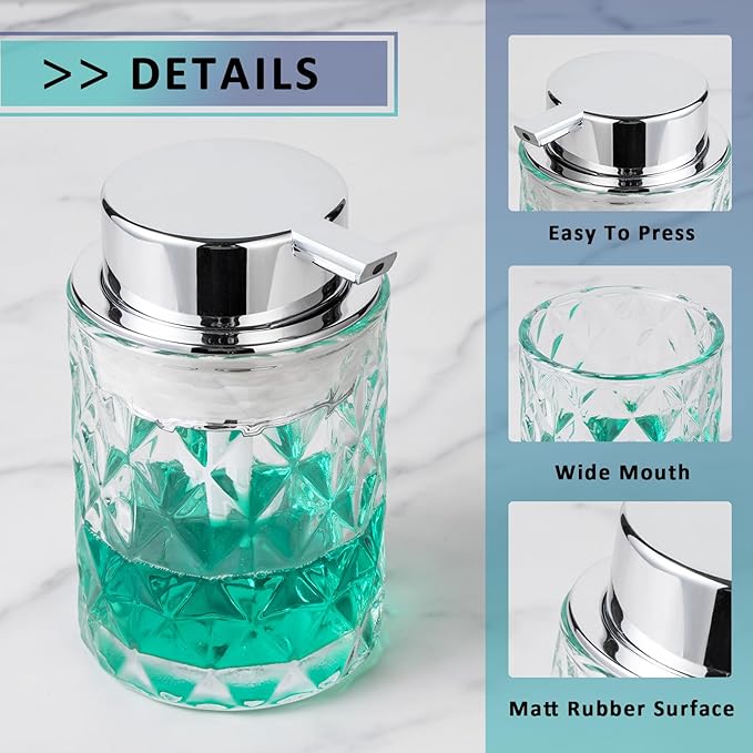 Bathroom Glass Soap Dispenser with Durable Rust-Proof Plastic Liquid Pump (Can't Foam) Hand Lotion Dispenser Antislip Shampoo Kitchen 10oz